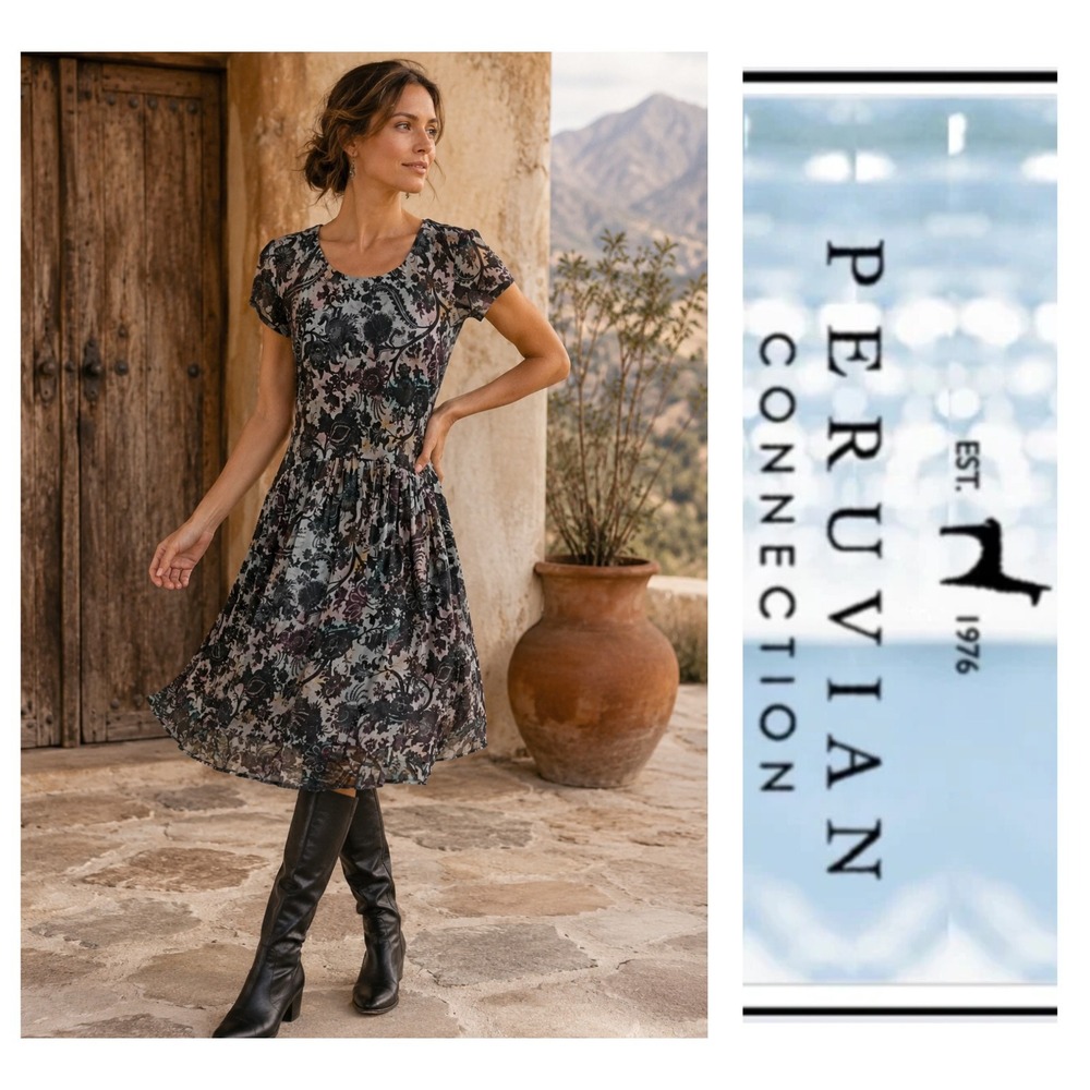 Peruvian Connection Black Damask Floral Print Short Sleeve Fit Flare Dress S